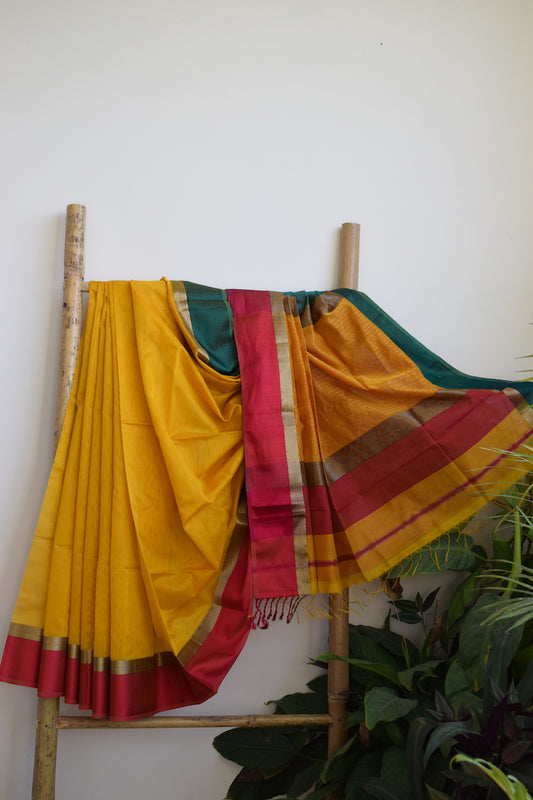 Yellow Maheshwari Silk Cotton Saree