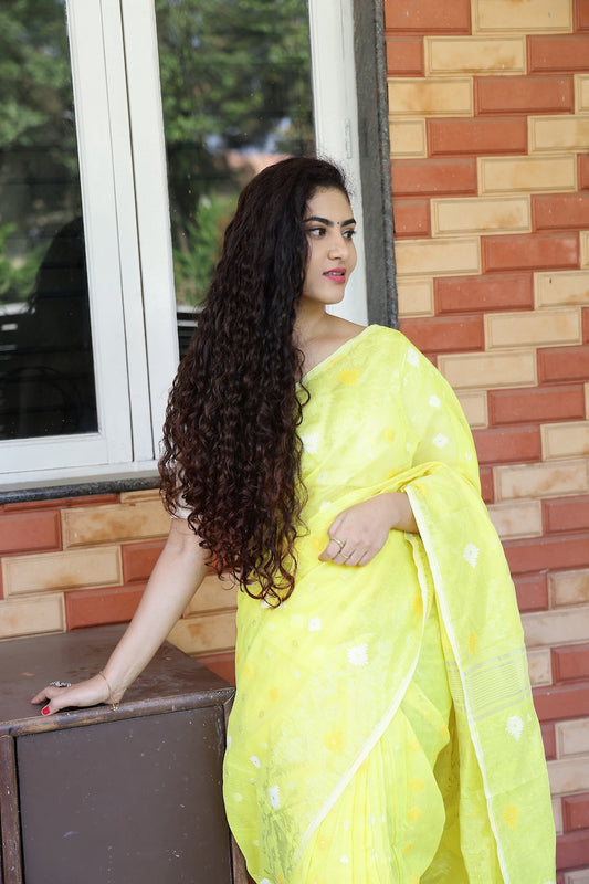 Canary Yellow Silk Cotton Jamdani Saree