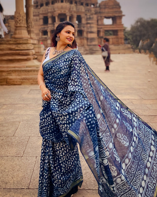 Indigo Chanderi Cotton Silk Saree