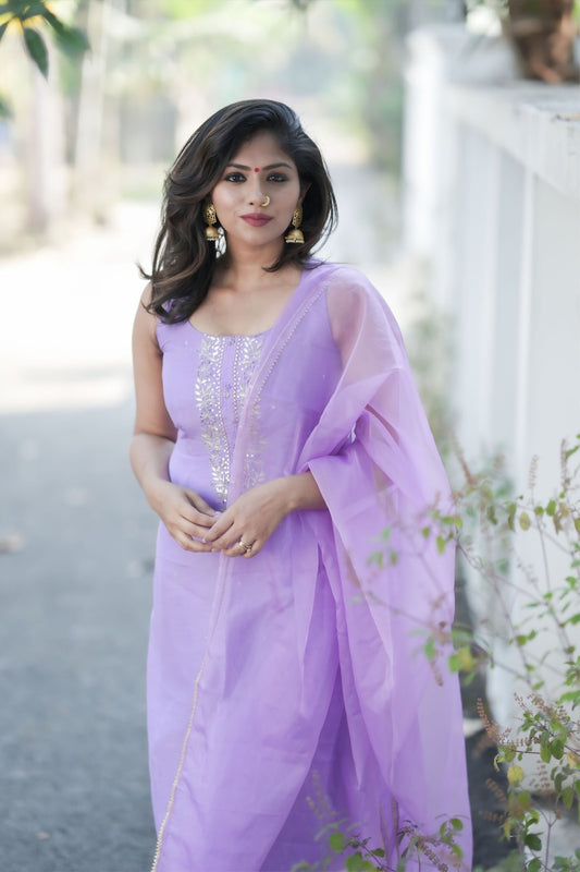 Purple Muslin Silk Suit Dupatta Set with Gotapatti Work