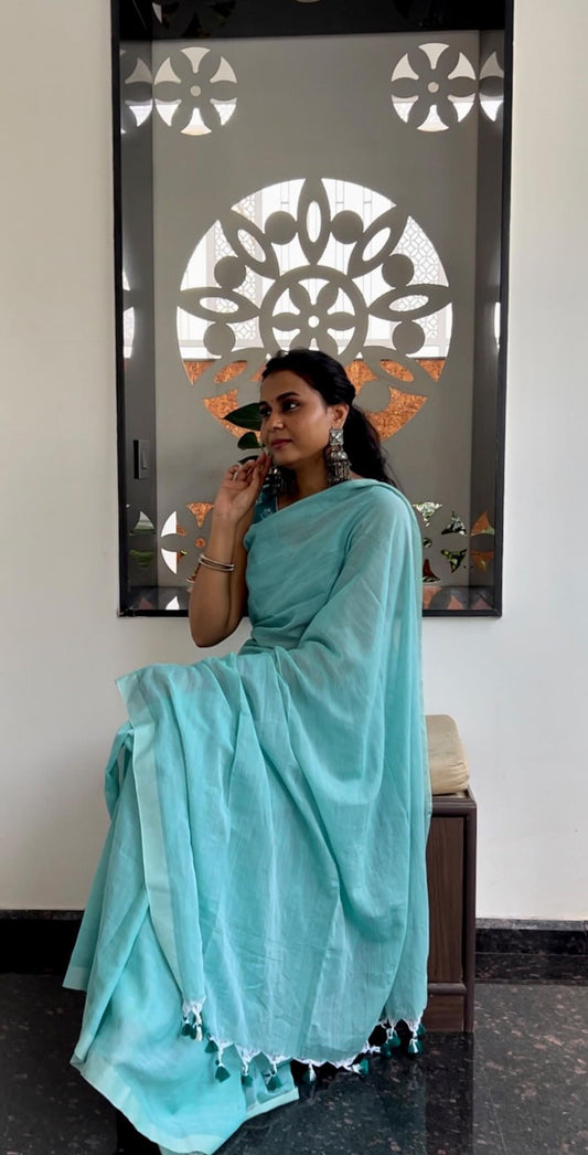 Sea Foam Green Plain Cotton Saree