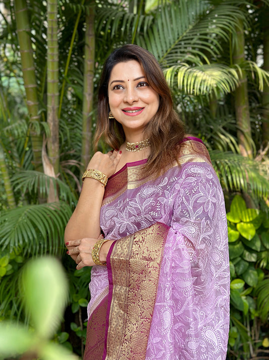 Mauve Semi Organza Chikankari Benarasi Saree