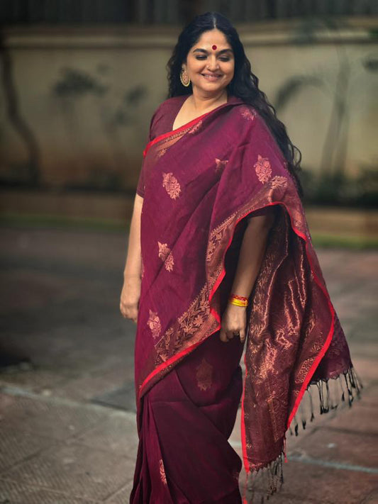 Wine Linen Jamdani Saree