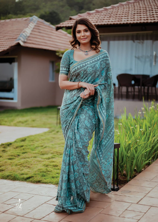 Bluish Grey Chanderi Cotton Silk Saree