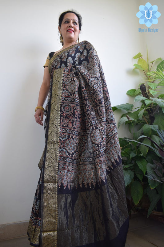 Black Dola Silk Ajrakh Saree