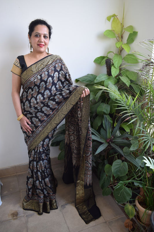 Black Dola Silk Ajrakh Saree