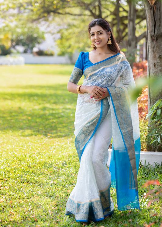 White Semi Organza Chikankari Benarasi Saree