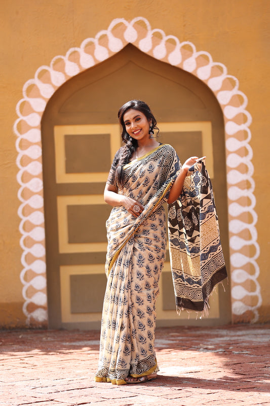 Cream Chanderi Cotton Silk Saree