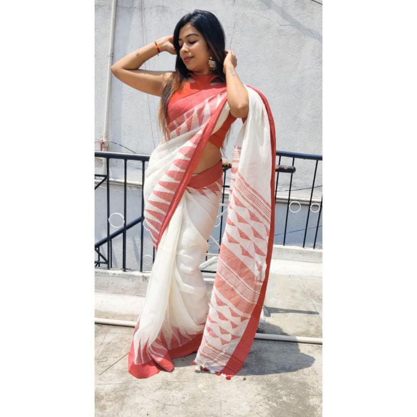 Cotton Saree : White linen floral printed saree