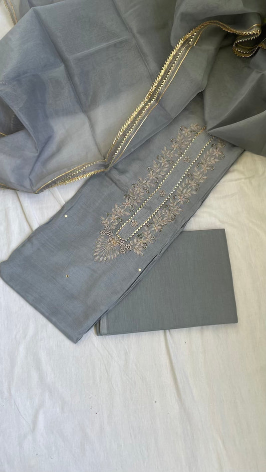 Grey Muslin Silk Suit Dupatta Set with Gotapatti Work