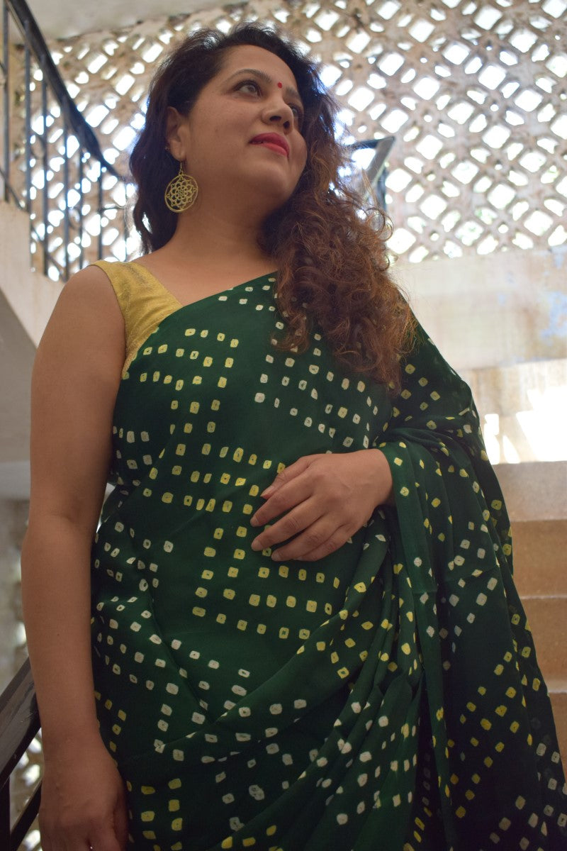 Bottle Green Bandhani Saree