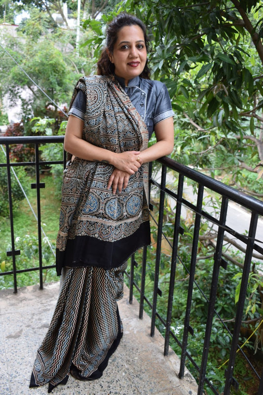 Grey Modal Silk Ajrakh Saree