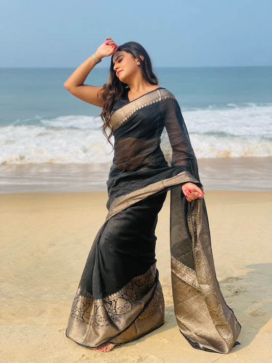 Black Benarasi Linen Silk Saree