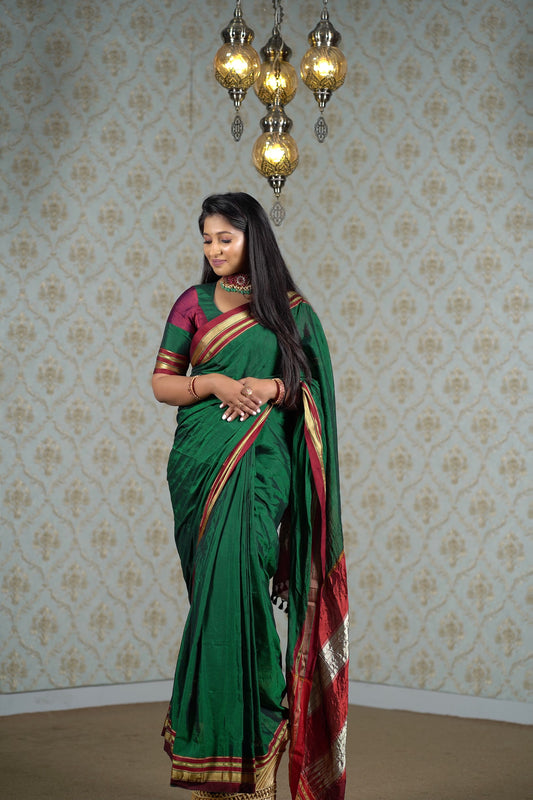 Leaf Green Cotton Silk Ilkal Saree