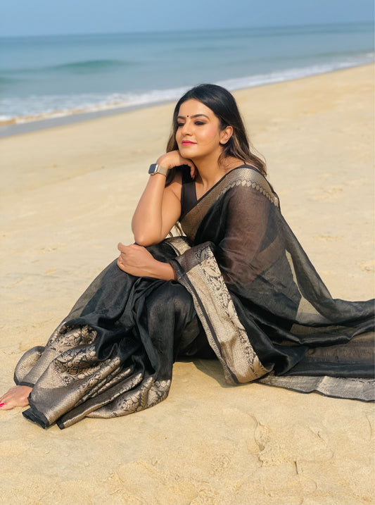 Black Benarasi Linen Silk Saree