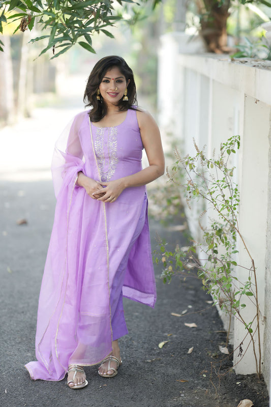 Purple Muslin Silk Suit Dupatta Set with Gotapatti Work