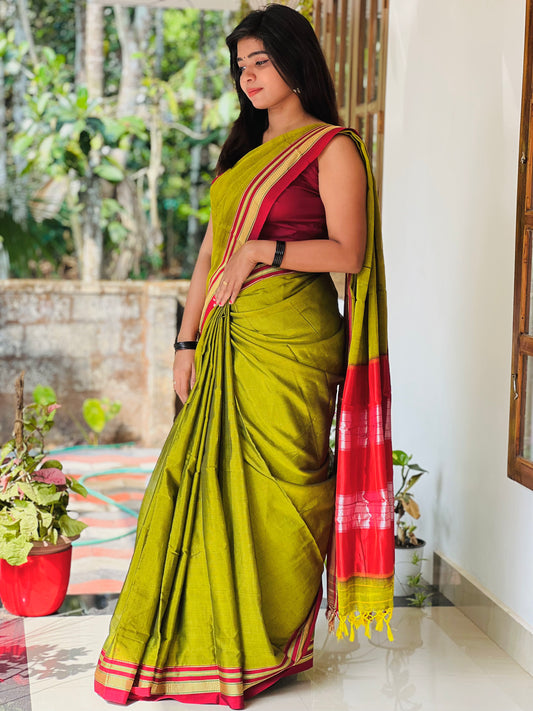 Olive Green Cotton Silk Ilkal Saree