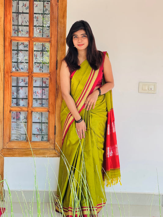 Olive Green Cotton Silk Ilkal Saree