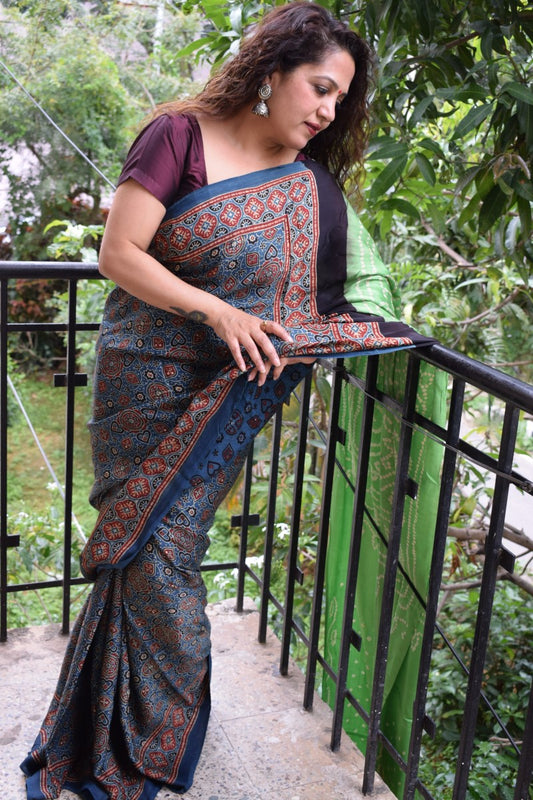 Indigo Modal Silk Ajrakh Bandhani Saree