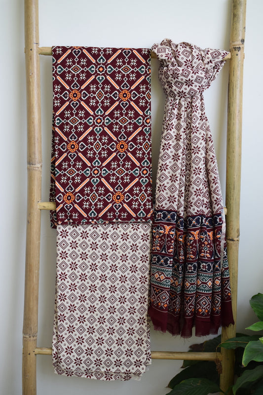 Maroon Print Cotton Suit Dupatta Set