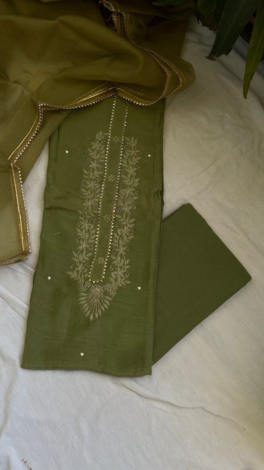 Mehandi Green Muslin Silk Suit Dupatta Set with Gotapatti Work