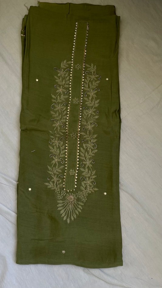 Mehandi Green Muslin Silk Suit Dupatta Set with Gotapatti Work