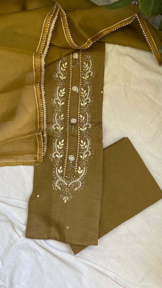 Military Green Muslin Silk Suit Dupatta Set with Gotapatti Work