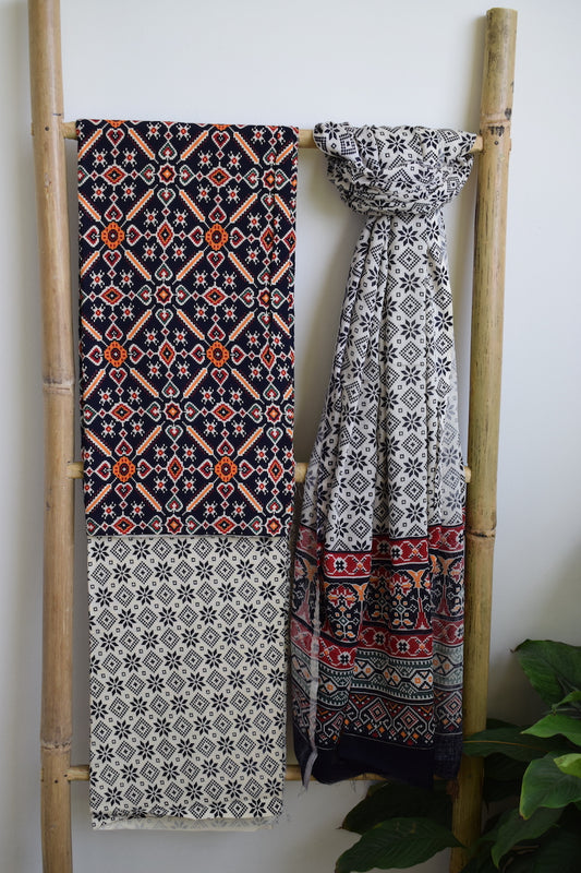 Navy Blue Patola Print Cotton Suit Dupatta Set