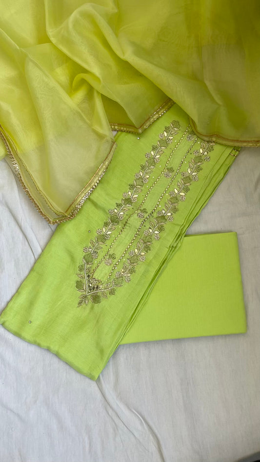 Neon Green Muslin Silk Suit Dupatta Set with Gotapatti Work