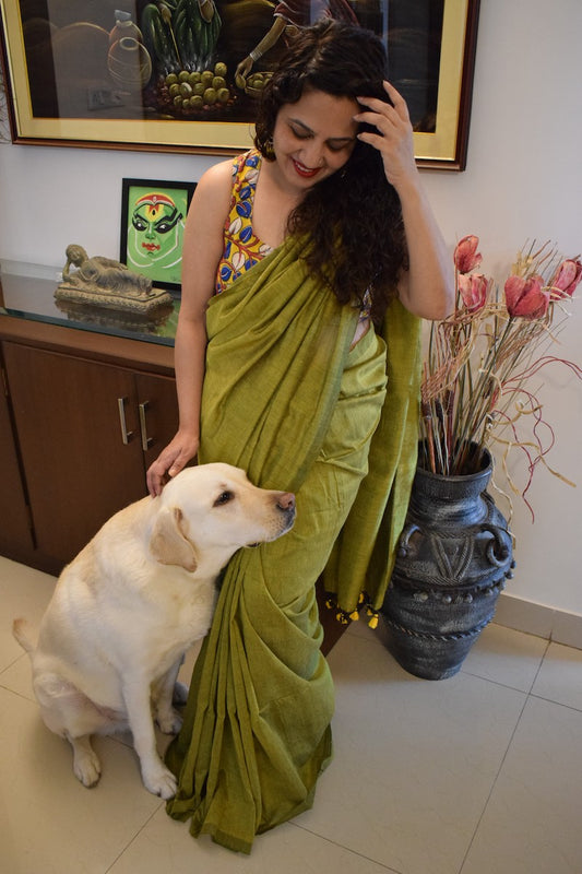 Olive Green Plain Cotton Saree