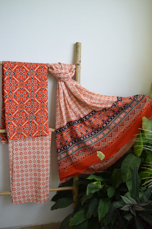 Orange Patola Print Cotton Suit Dupatta Set