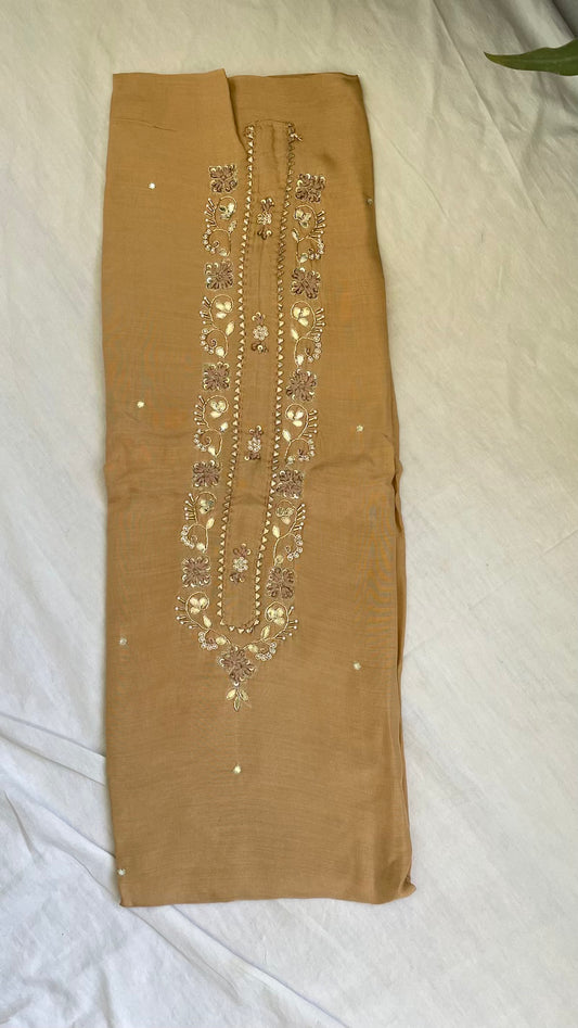 Peach Muslin Silk Suit Dupatta Set with Gotapatti Work