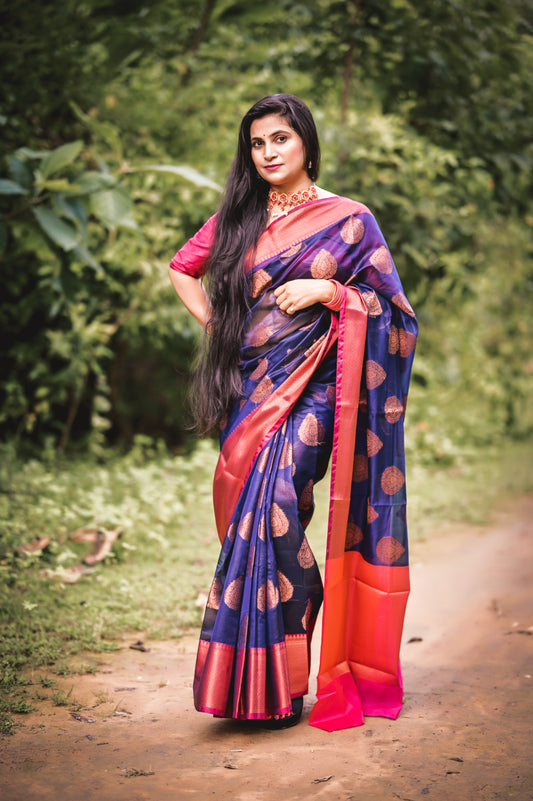 Navy Blue Kora Silk Benarasi Saree