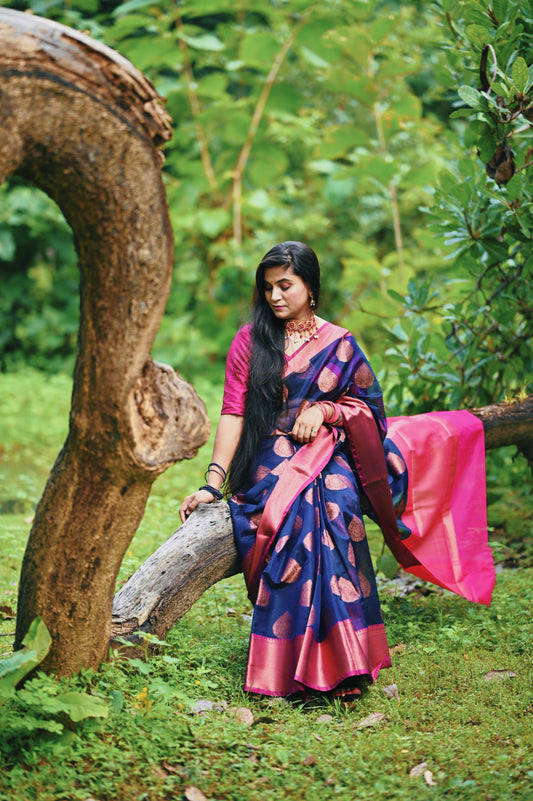 Navy Blue Kora Silk Benarasi Saree