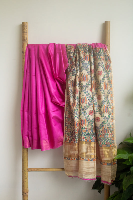 Pink Staple Tussar Madhubani Saree