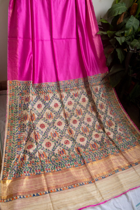 Pink Staple Tussar Madhubani Saree