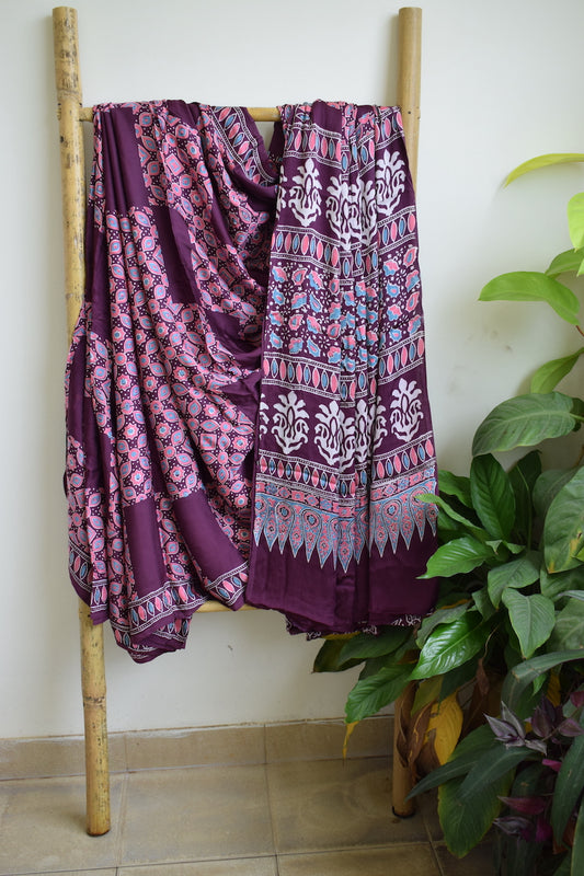 Dark Plum Modal Silk Ajrakh Saree