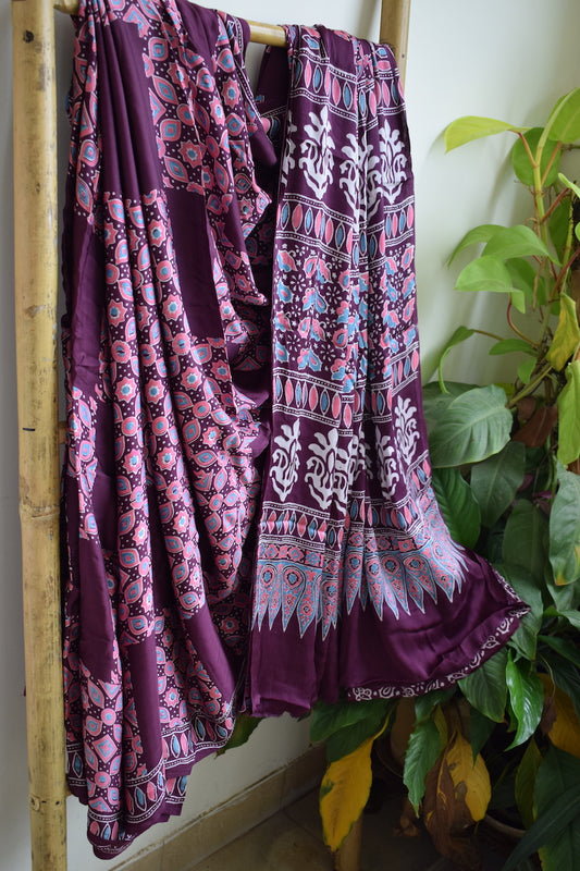 Dark Plum Modal Silk Ajrakh Saree