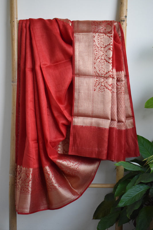 Red Benarasi Linen Silk Saree