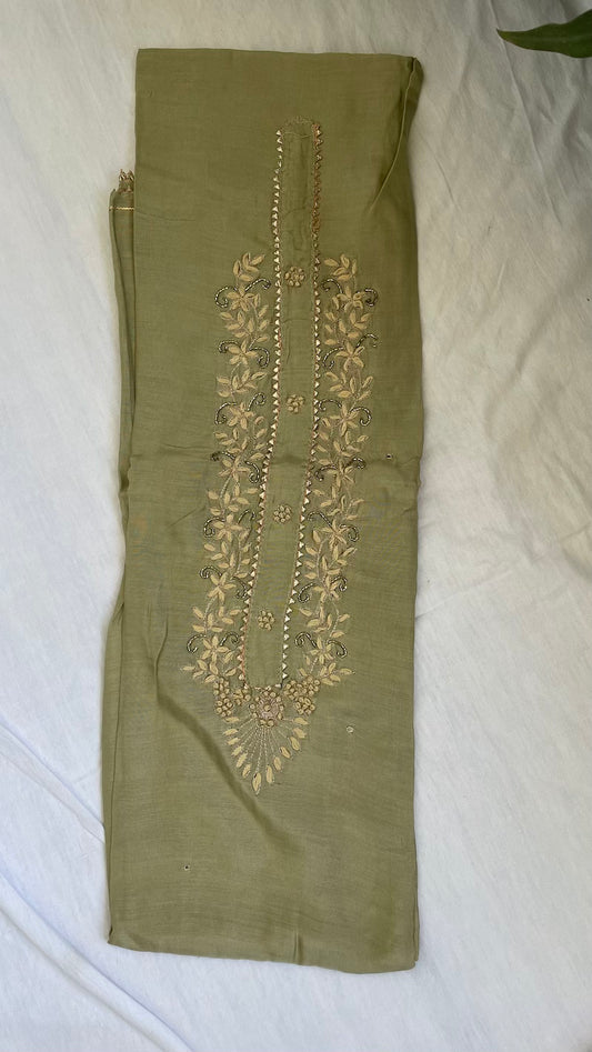 Sage Green Muslin Silk Suit Dupatta Set with Gotapatti Work