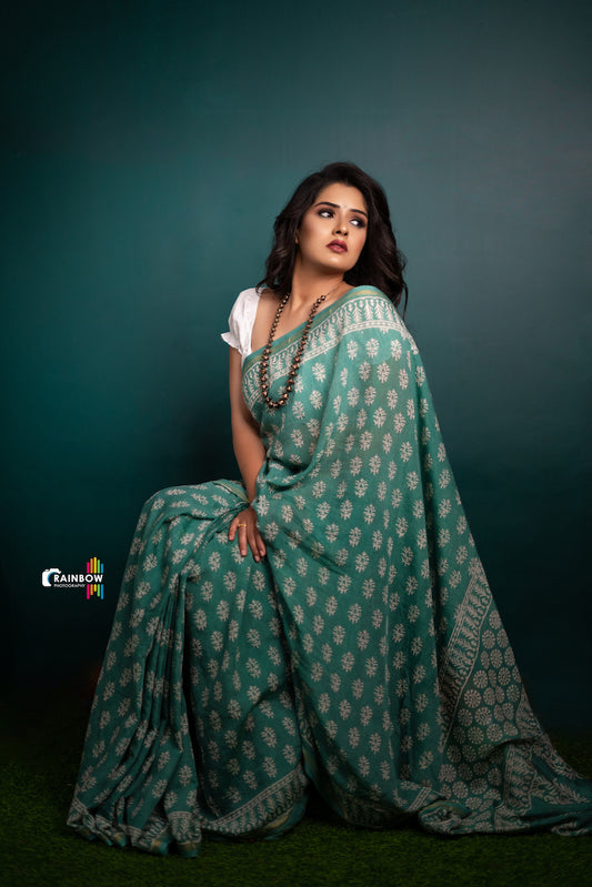 Turquoise Chanderi Cotton Silk Saree